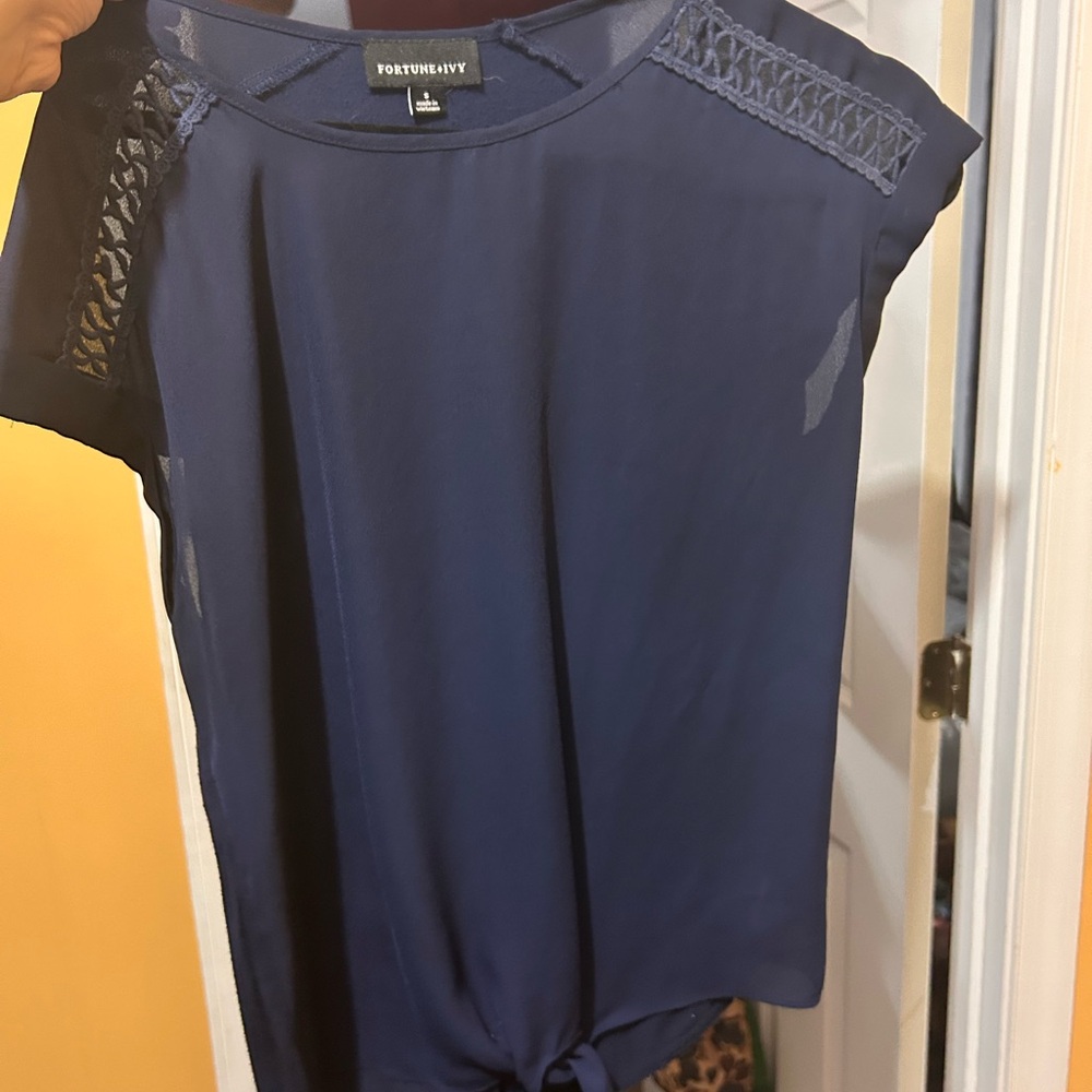 Blue Tie Front Blouse with Black Accents